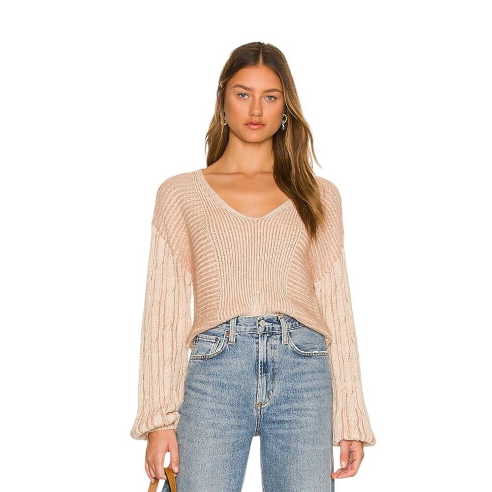 Free People When It Rains Ribbed Cotton V-Neck Sweater, Toast Combo, M
